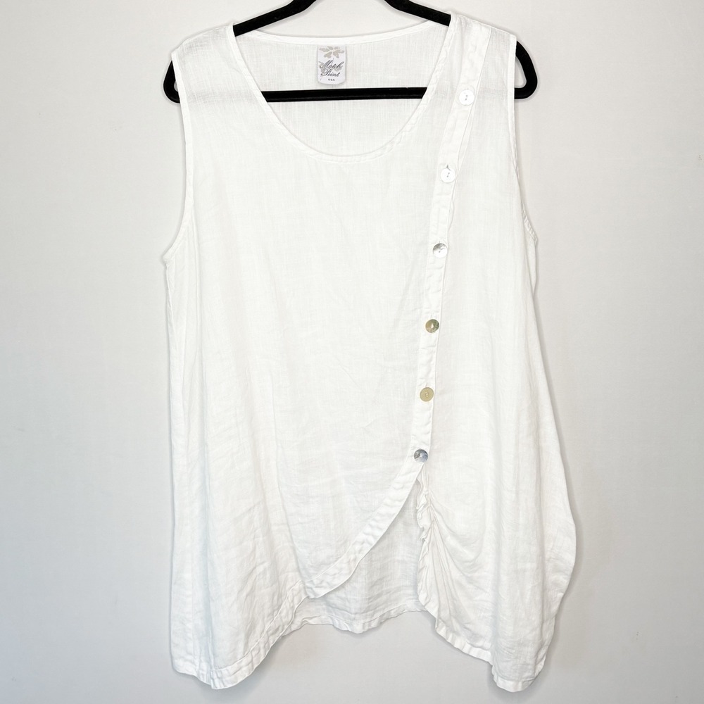 Match Point White Linen Asymmetrical Button Sleeveless Tunic Top Size XL - Picture 9 of 9